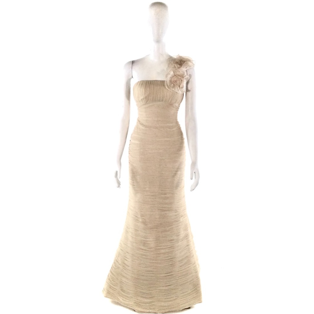 Jovani Gold Beige Ruched One Shoulder Evening Gown
